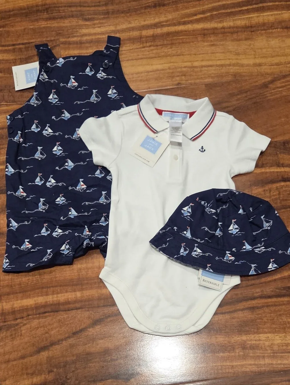 Janie and Jack NWT 6-12 Months Sailboat Shortall, Bodysuit and Reversible Sunhat
